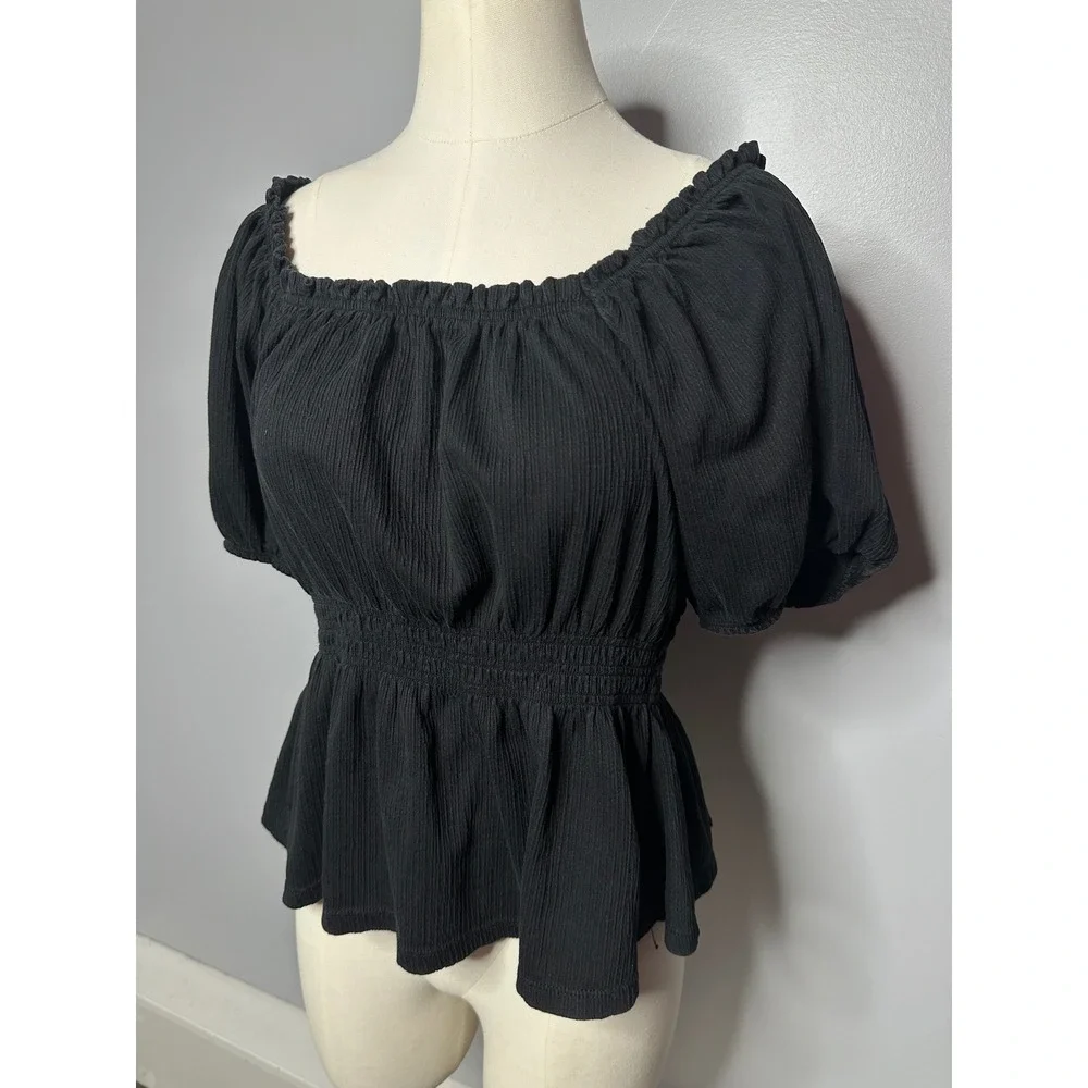 Old Navy Womens Black Smocked Peplum Top Puff Sleeve Square Neck Gauze Large